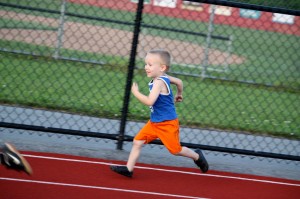 PHDC member Josiah Spradlin, 3 (and 1/2), starts the 200-meter dash, the second of two events in his track debut.